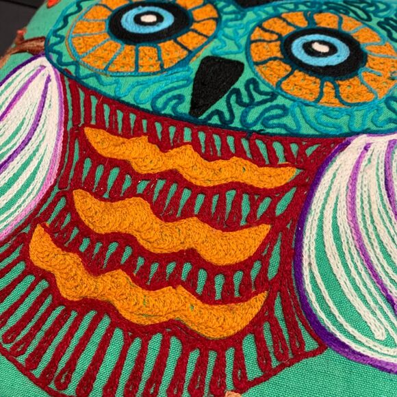 Karma Living Owl Fringe Throw Pillow 16x16 Green Background - Picture 5 of 8